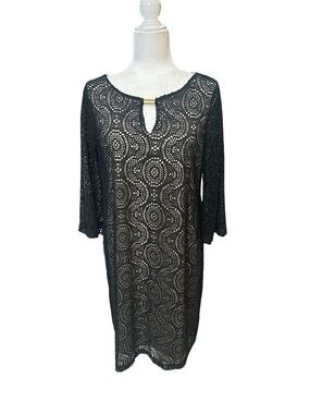 emma and michele lace dress Emma & Michele Dress Womens Sz M Black V-Neck Short Sleeve Elastic Waist Belted